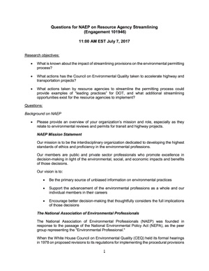 NAEP Response to Inquiry from the U.S. Government Accountability Office Regarding Resource Agency Streamlining (Engagement 101946)